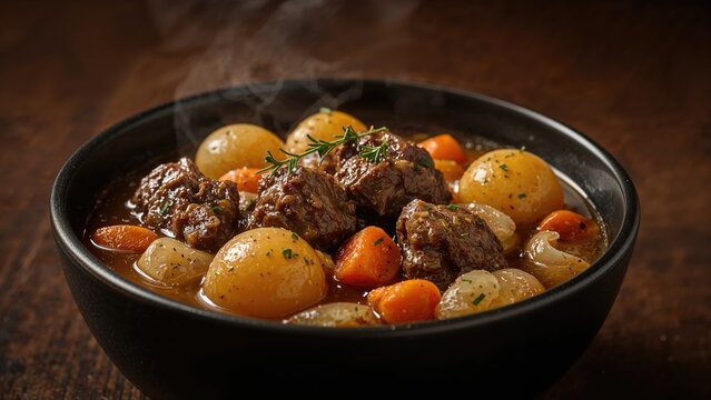 Rich lamb and vegetable stew presented in a black bowl against a dark backdrop - Powered by Adobe