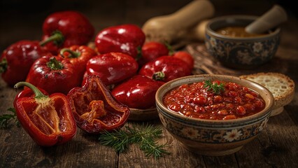 Preparing Ajvar, a traditional spread from roasted red peppers
