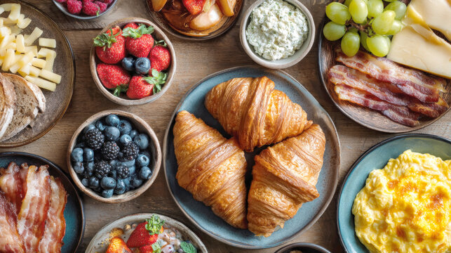 A Luxurious and Varied Breakfast or Brunch Spread with Croissants, Scrambled Eggs, Bacon, Fresh Berries, Cheese, and Other Delicious Foods Served on a Wooden Table