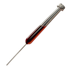 Glass pipette with red liquid inside, isolated on transparency background, laboratory tool for precise liquid measurement and transfer, scientific equipment for experiments and analysis