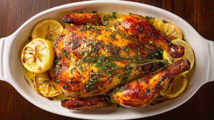 roasted chicken, seasoned with herbs and lemon slices, is presented in a white ceramic dish. This classic and mouth-watering main course is ideal for a family dinner or a festive holiday feast.