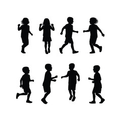 Group of diverse children silhouette vector. Boys and girls playing, running, jumping, childhood, and happiness.