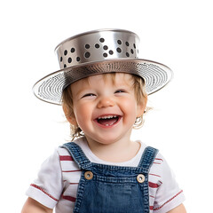 Cheerful Child Model Posing with Colander Hat on White Background