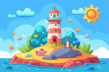 Vector art illustration of a lighthouse on the sea with a summer landscape, sun, and rainbow