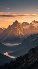 Majestic Sunrise Over Rugged Mountain Peaks Reflected in Calm Lake
