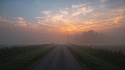 Early fog enveloping a deserted walkway under a vibrant sky.