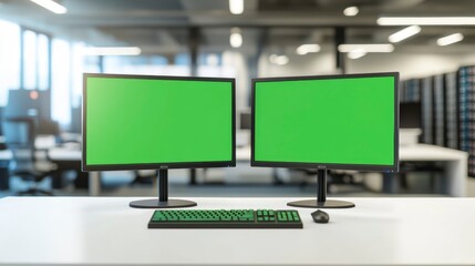 Two green screen monitors on a desk in a modern office. (1)