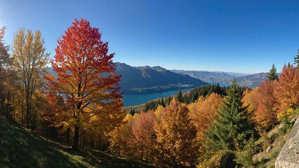 Fototapeta premium Gorgeous fall scenery with vibrant foliage along a charming forest path by a mountain lake on a bright sunny day.