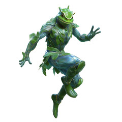 Fototapeta premium Frog humanoid character in green leaf armor jumping dynamically with confident pose, blending nature and fantasy elements in vibrant design