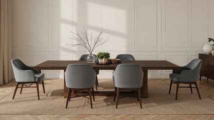 Inviting dining room showcasing a rectangular table paired with grey elevated chairs over a sisal rug.