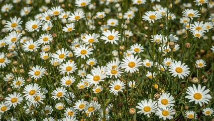 In warm summer weather, vibrant daisies cover the landscape, their white petals surrounding cheerful yellow cores.