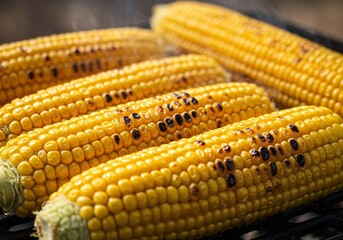 Grilled yellow corn cobs on a barbecue grill, cooking food outdoors. Fresh healthy snack food for summer party. Homemade farm fresh vegetable.
