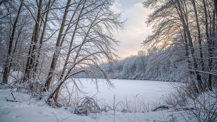 Fototapeta premium Waterfront nature scene under a bright sky in cold season