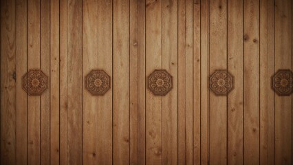 Fototapeta premium Ancient wooden wall featuring hexagonal carved designs on cedar panels