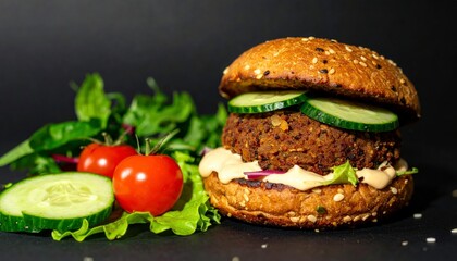 Delicious vegan burger with fresh salad for a healthy and tasty meal or restaurant menu promotion