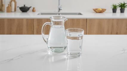 Close-up of a jug and a glass filled with clear water on a white kitchen surface