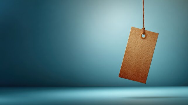 Vintage paper tag floating in blue space with abstract texture, minimalist design concept.