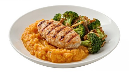 Top-down view of a healthy meal consisting of grilled chicken fillet, mashed sweet potatoes, and broccoli stir-fry, set against a white background.