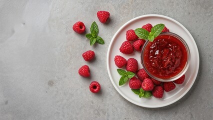 Homemade red raspberry jam in a glass jar with fresh berries and mint leaves placed on a grey concrete surface with copy space
