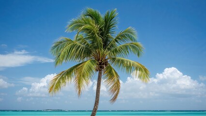 Palm tree greenery framed by a vivid blue sky