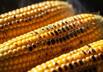 Grilled yellow corn cobs on a barbecue grill, cooking food outdoors. Fresh healthy snack food for summer party. Homemade farm fresh vegetable.