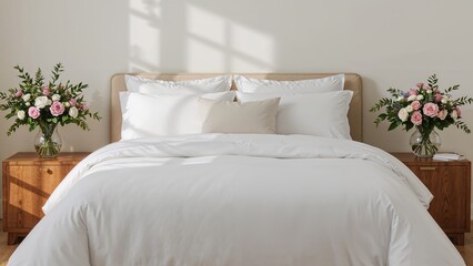 Wide bed dressed in white bedding flanked by wooden tables with vases of flowers