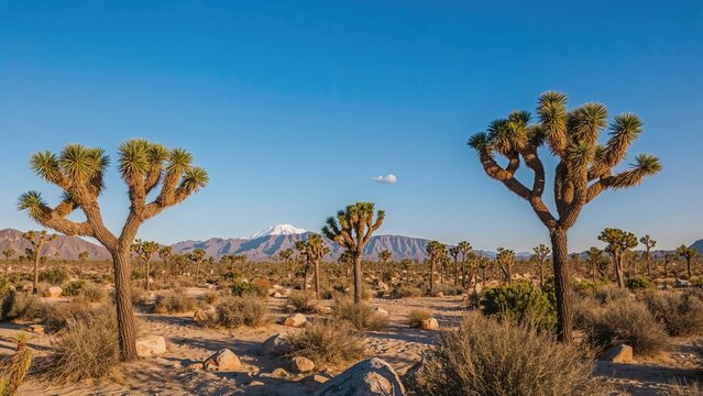 Bright sunny day in a desert with iconic Joshua trees
