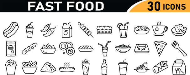 Fast Food and Drink outline icons with editable stroke collection. Containing burger, pizza, hot dog, kabab, sausage, burrito, and more. Fast food and drink. Vector illustration.