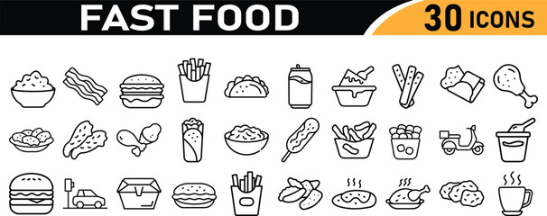 Fast Food and Drink outline icons with editable stroke collection. Containing burger, pizza, hot dog, kabab, sausage, burrito, and more. Fast food and drink. Vector illustration.