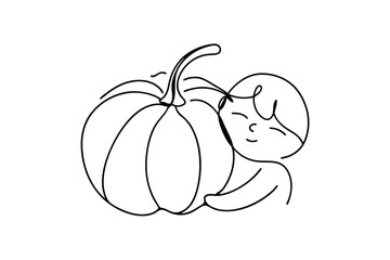 Child hugging a pumpkin simple line drawing on autumn