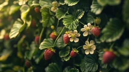 Lush Strawberry Patch: Ripe Berries Amidst Blossoms and Verdant Foliage