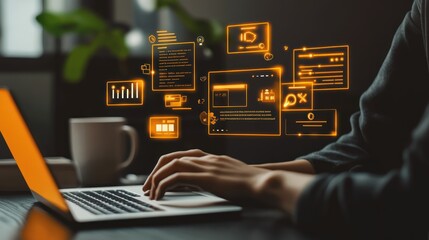 Person working on laptop with digital interface, modern workspace