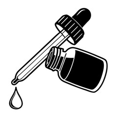 Dropper bottle with liquid and a drop falling from the tip  