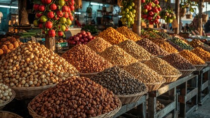 Open-air stands featuring nuts and aromatic spices