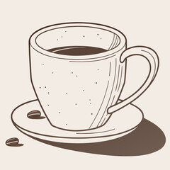 A cup of coffee on a saucer with coffee beans isolated on white background