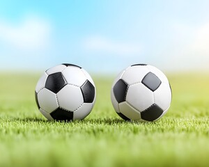 Fototapeta premium Two Soccer Balls on Green Grass Field under Blue Sky