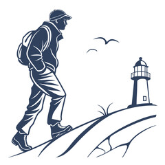 A hiker with a backpack walking towards a lighthouse isolated on white background