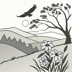A scenic landscape with an eagle flying over hills, flowers, and a tree