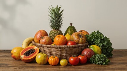 Healthy living is boosted by a colorful mix of tropical fruits and vegetables arranged organically, aiding balanced diets.