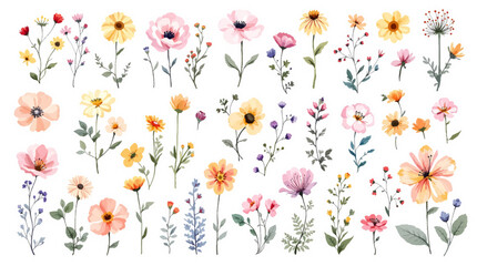 Watercolor floral set. Collection of wildflowers, leaves and branches. Hand painted isolated design elements. Botanical illustration for summer wedding design, greeting cards