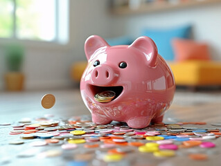 Pink piggy bank with coin, wooden floor, home context