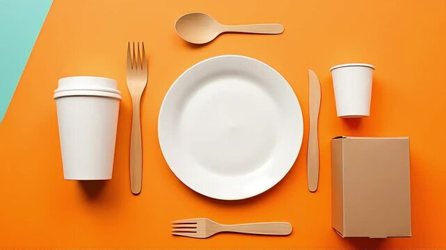 Eco-friendly tableware set for sustainable food delivery service in dynamic vibrant colors