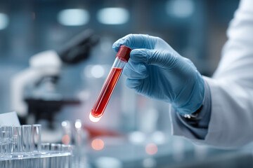 Laborant trzyma próbówkę z krwią, przygotowując ją do badania w nowoczesnym laboratorium. Skupienie i precyzja w pracy nad analizą próbek biologicznych.