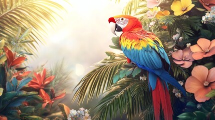 Vibrant parrot amidst a tropical floral arrangement.