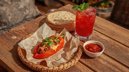 Lunch Featuring Chorizo and Cheese-Filled Pepper with Corn Tortillas, Salsa, and a Watermelon Beverage on an Outdoor Table