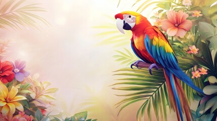 Obraz premium Vibrant parrot surrounded by tropical flowers and foliage.