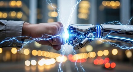 Human robot fist bump with electric sparks symbolizing collaboration future technology
