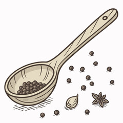 Illustration of a wooden spoon with pepper and spices isolated on white background