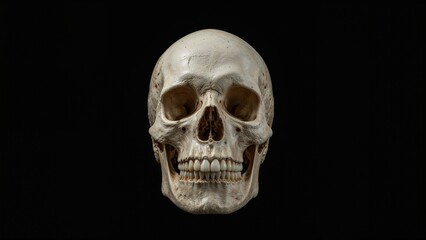 Lone human cranium displayed upright