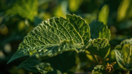 Close-up of green leaves in a garden setting